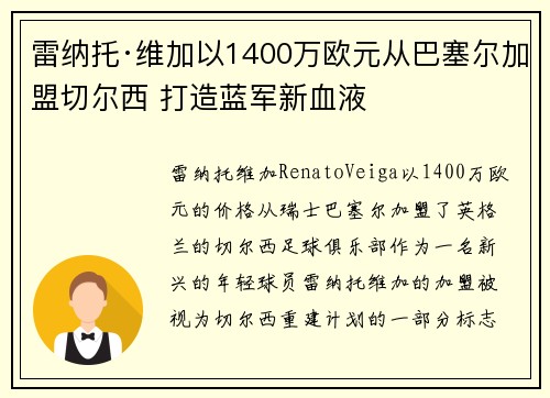 雷纳托·维加以1400万欧元从巴塞尔加盟切尔西 打造蓝军新血液